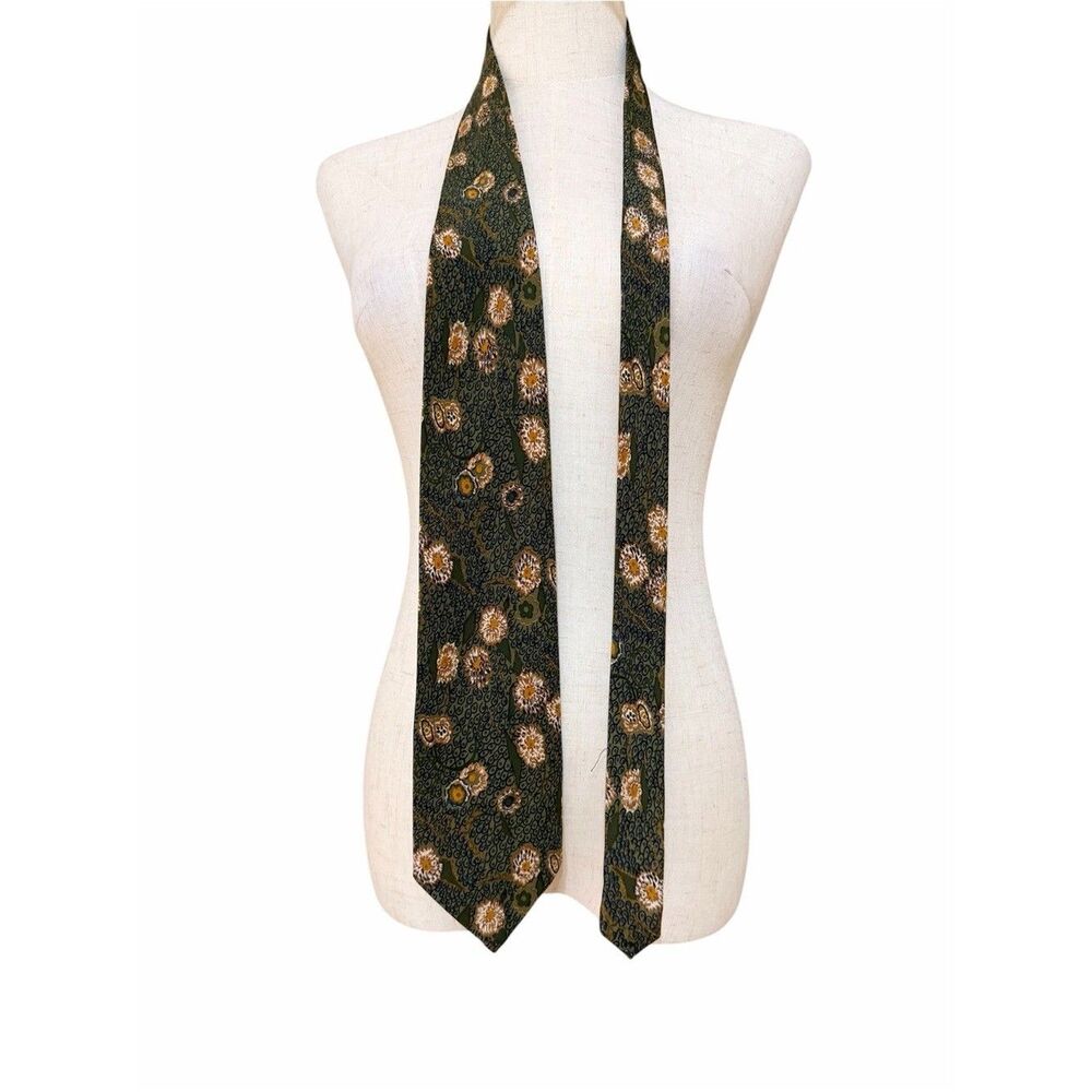 Vintage Valentino Cravatte Silk Necktie Olive Green Floral Skinny Mens One-size